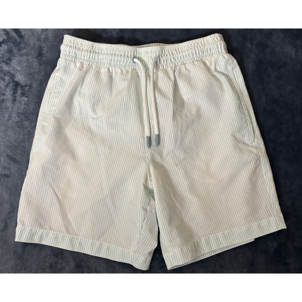 Trunks Surf & Swim Co. Mens Swim Shorts Light Green & White Striped Seersucker S